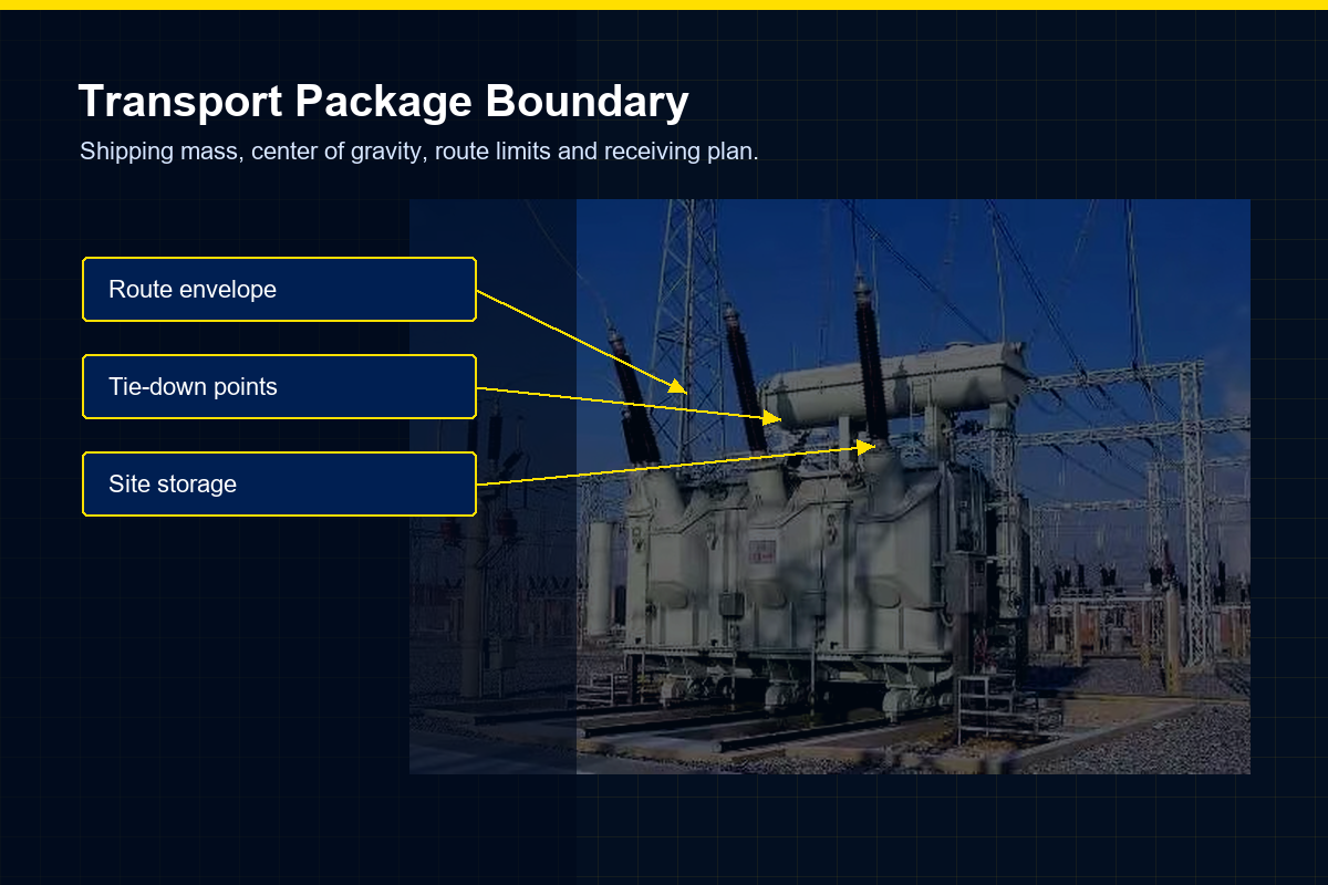 Talite transformer transport package boundary with route envelope tie down points and site storage
