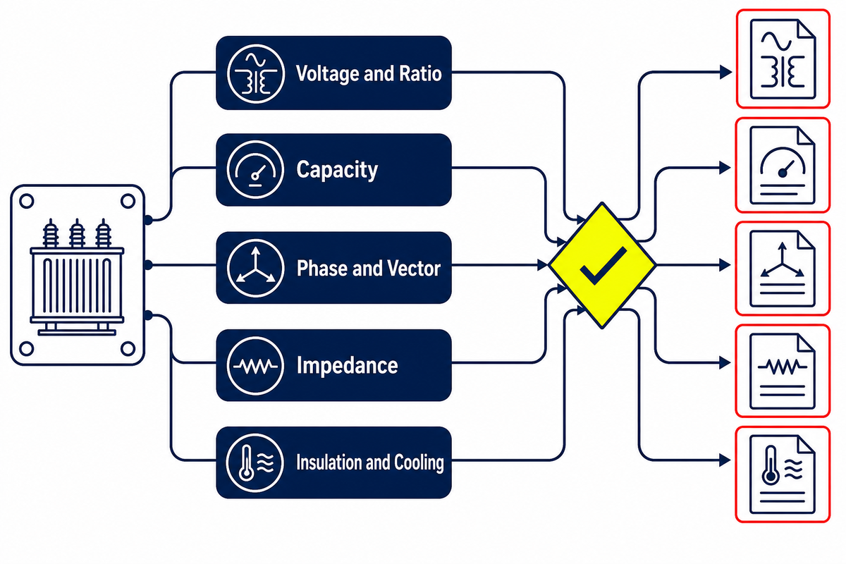 Transformer nameplate fields mapped to engineering evidence