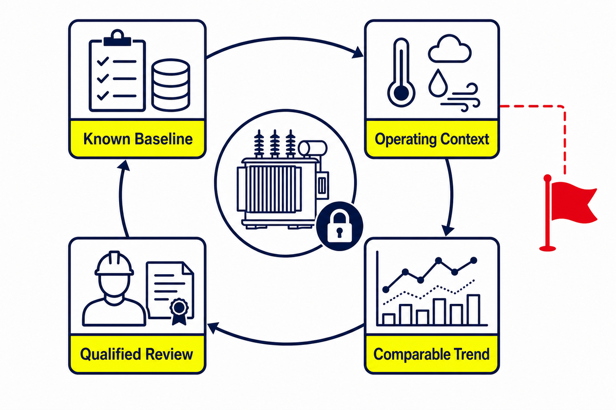 Transformer maintenance trend review with baseline and operating context
