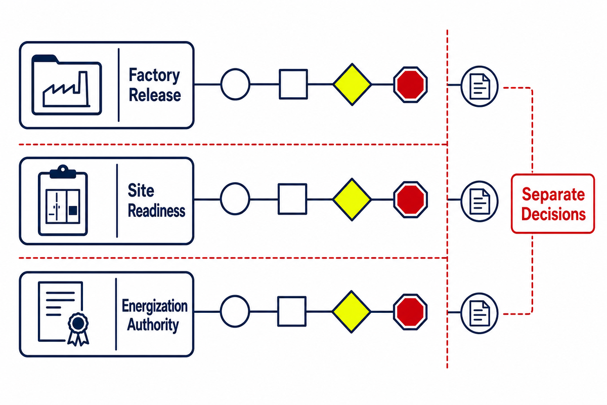 Factory proof, site readiness and energization release decisions