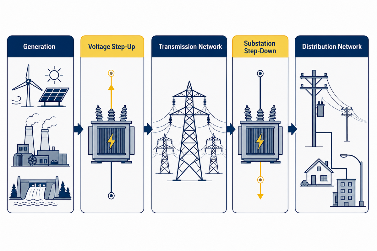 Power transformer grid role from generation to distribution