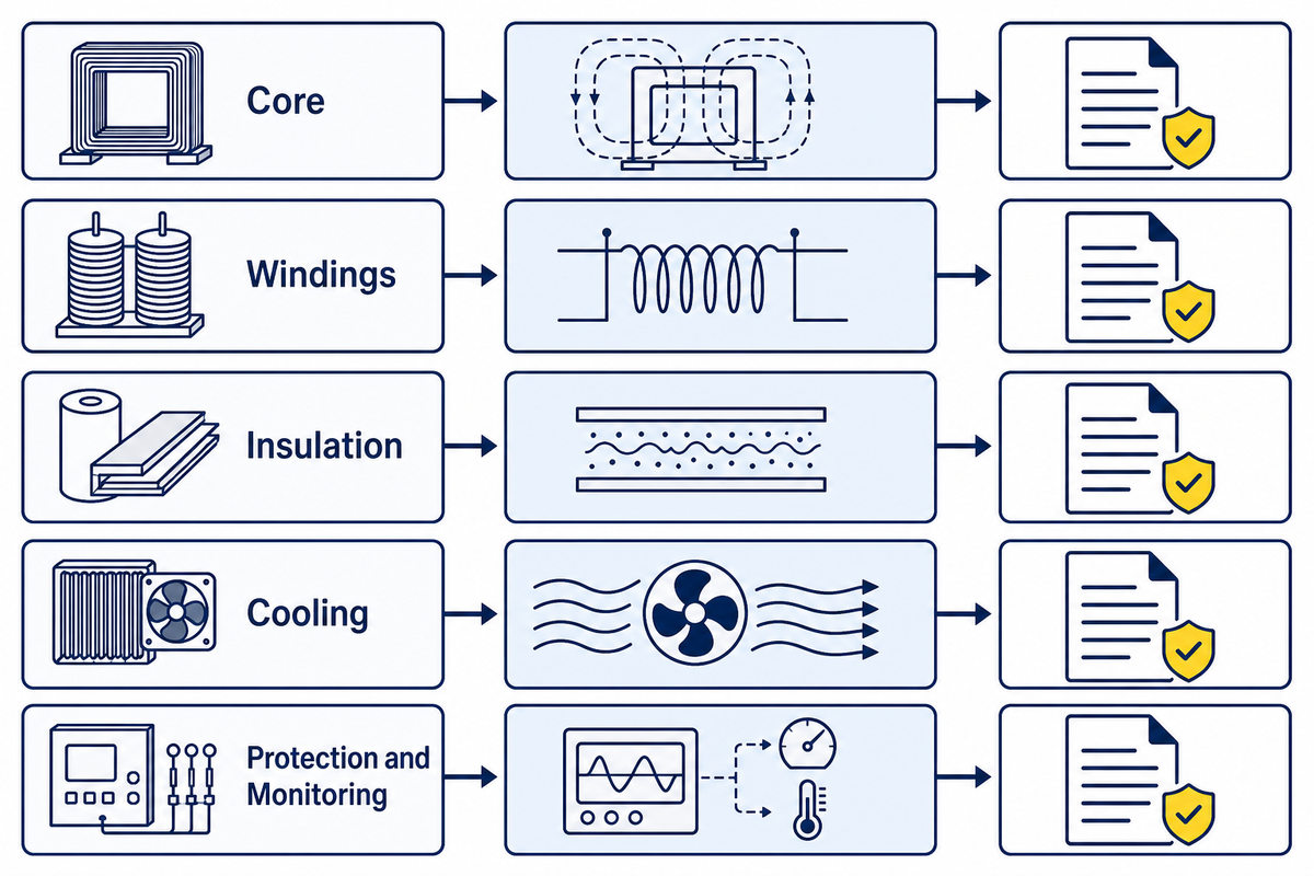 Power transformer components and reliability evidence