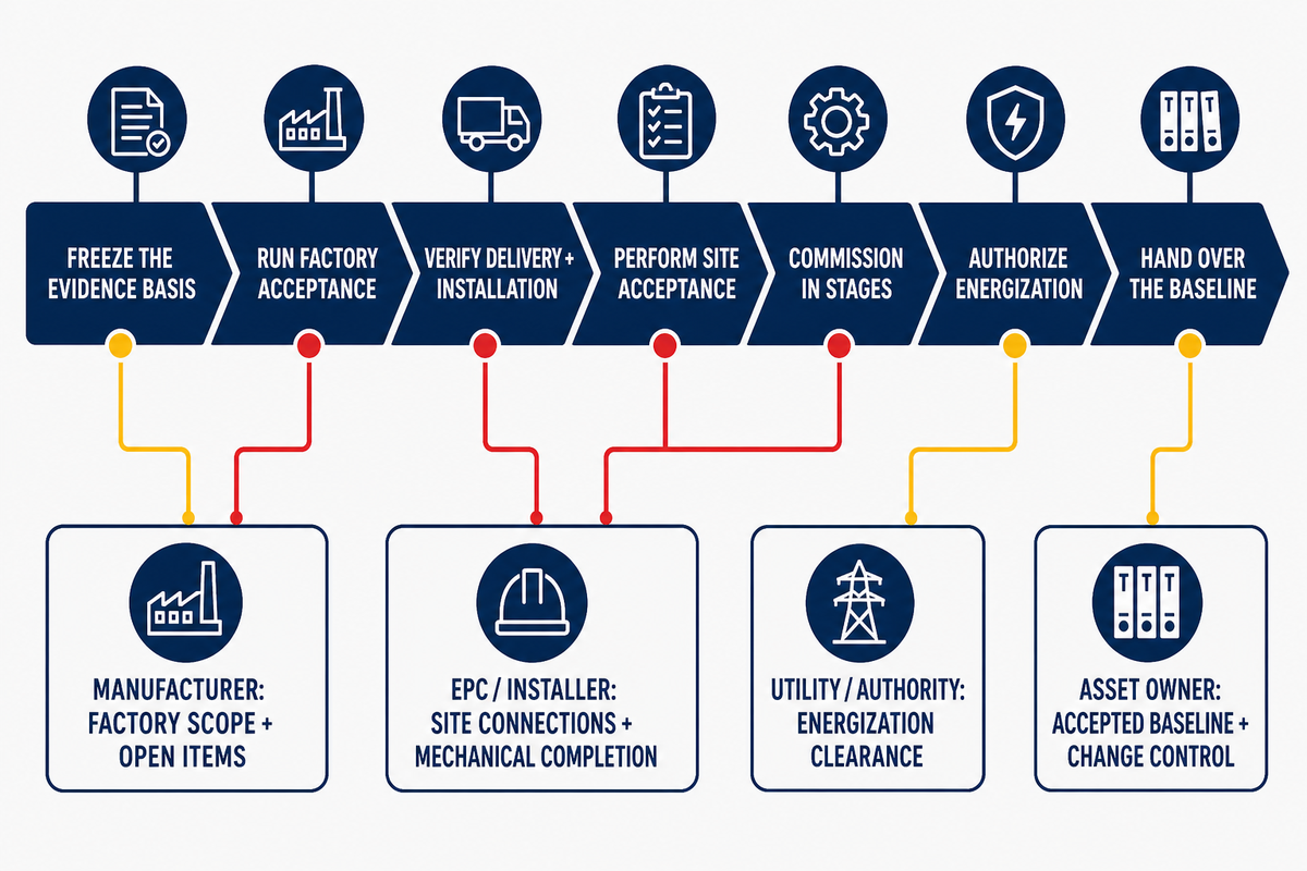 The 4-Owner Handoff Ledger: Factory Test to Energization
