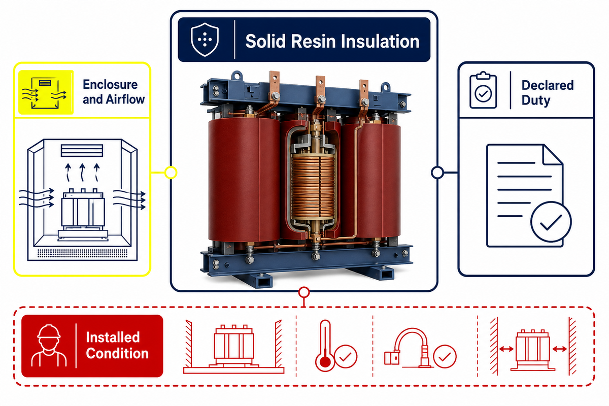 Cast resin transformer construction map separating resin insulation from enclosure duty and installed-condition evidence