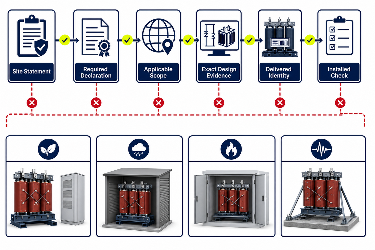 IEC class-to-site proof chain from site statement through design evidence to installed-condition verification