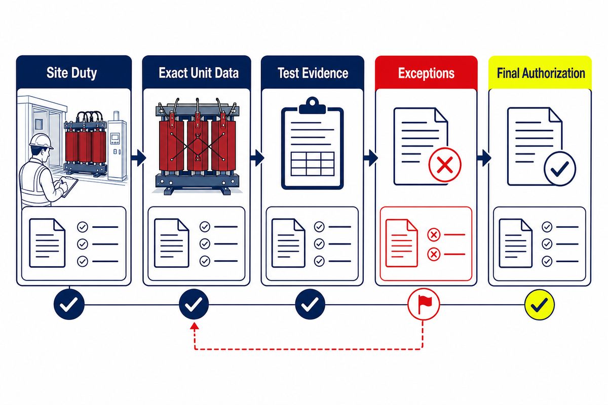 Traceable project-fit evidence chain from site duty and unit identity to tests exceptions and authorization
