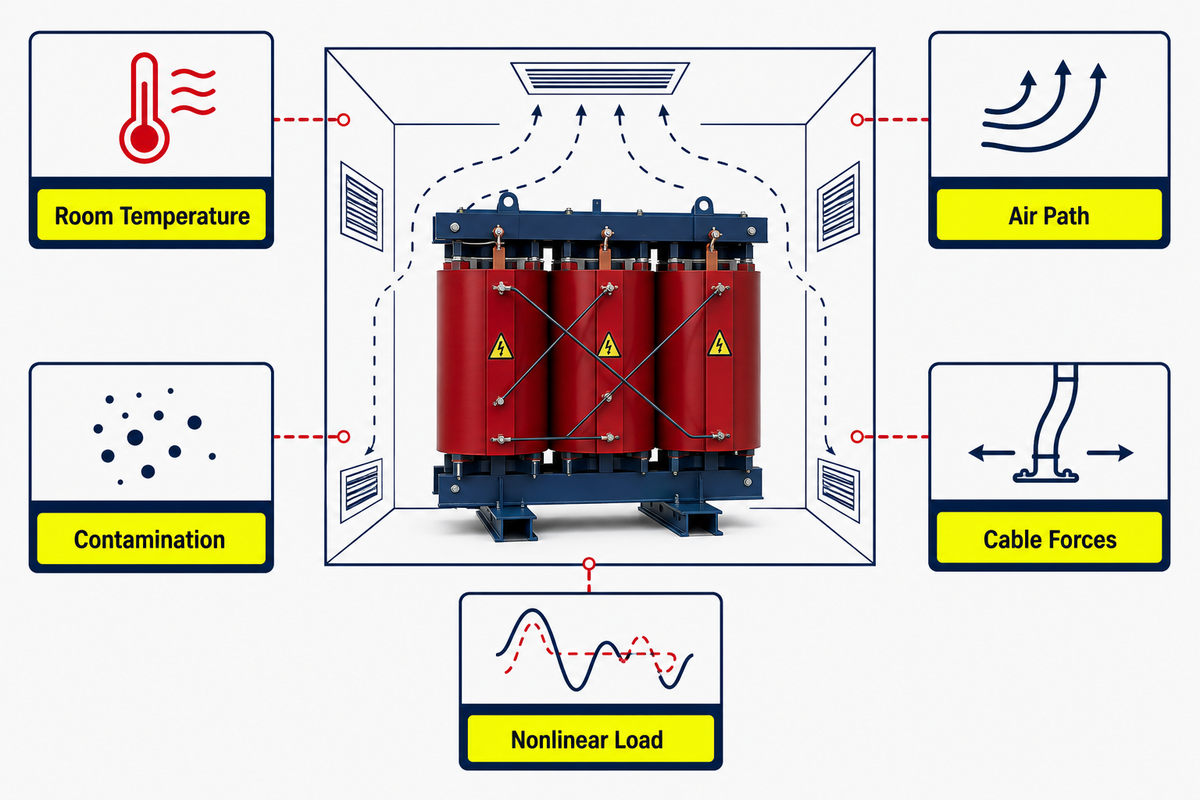 Cast resin transformer installation map showing room airflow contamination cable and nonlinear-load interfaces