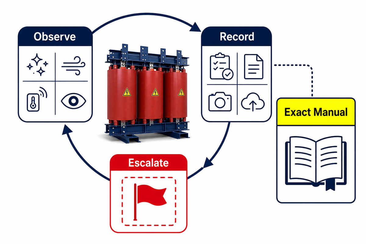 Observe record and escalate condition-care loop around a cast resin dry type transformer