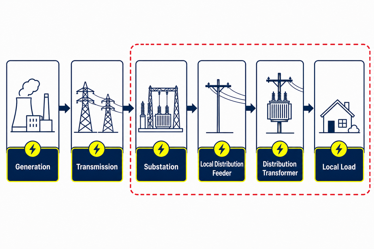 Distribution transformer position between a local feeder and local loads