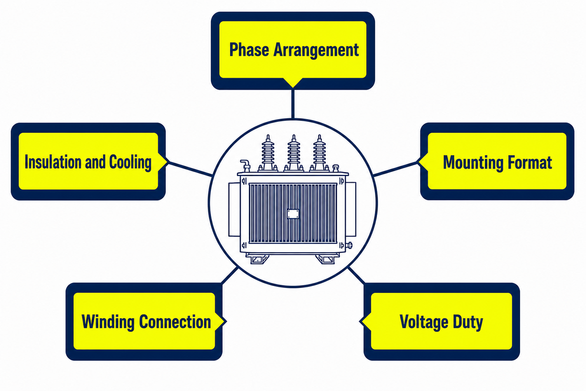 Distribution transformer types classified by phase construction mounting and voltage duty