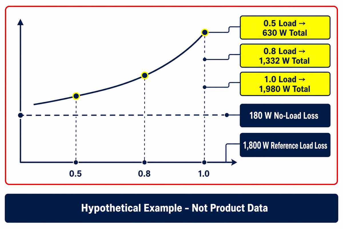 Hypothetical distribution transformer no-load and load-loss worked trace