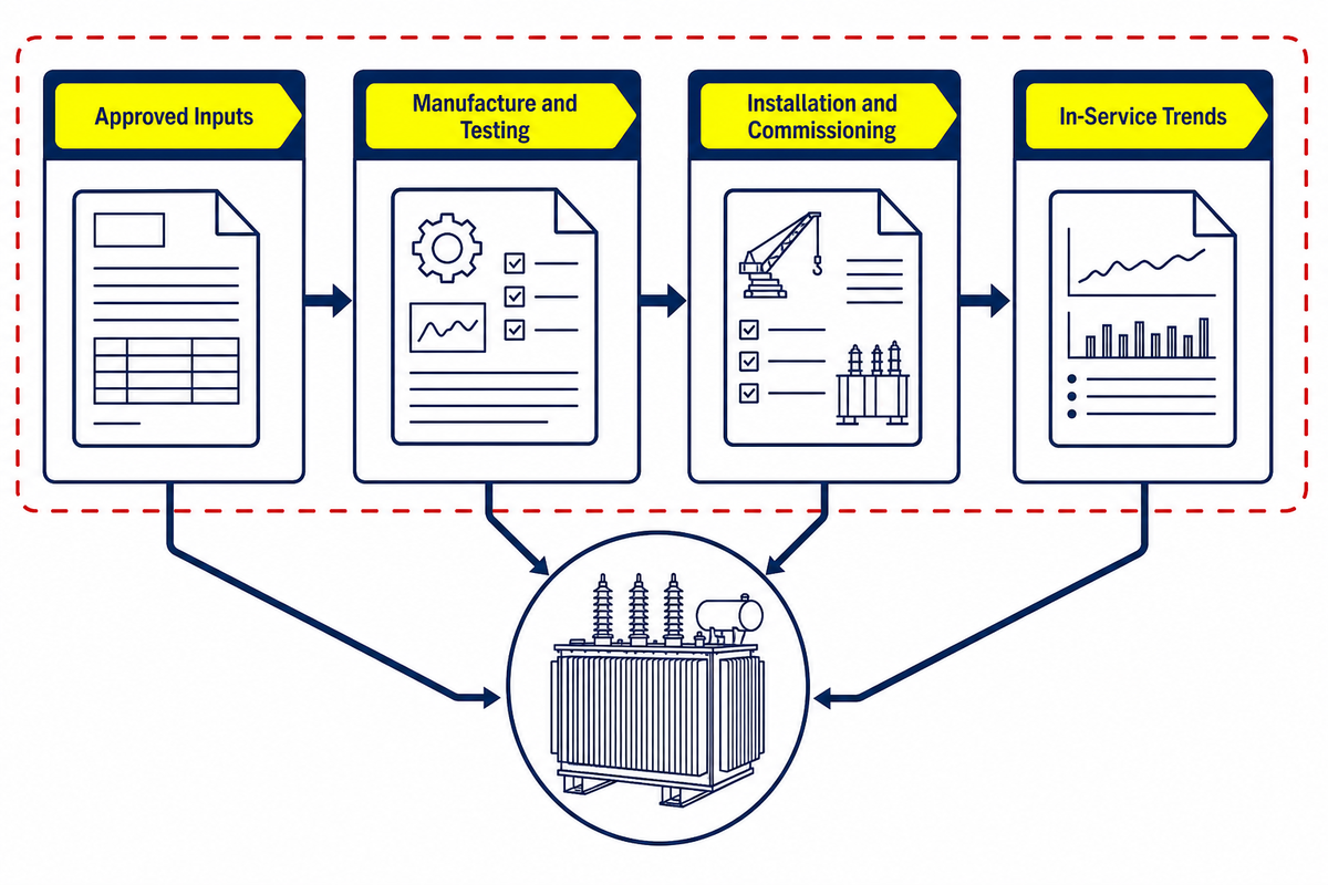 Distribution transformer lifecycle evidence from specification through service