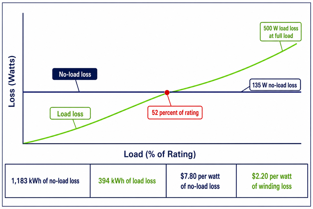 On a 50 kVA unit published at 135 W and 500 W the two losses are equal at 52 percent of rating