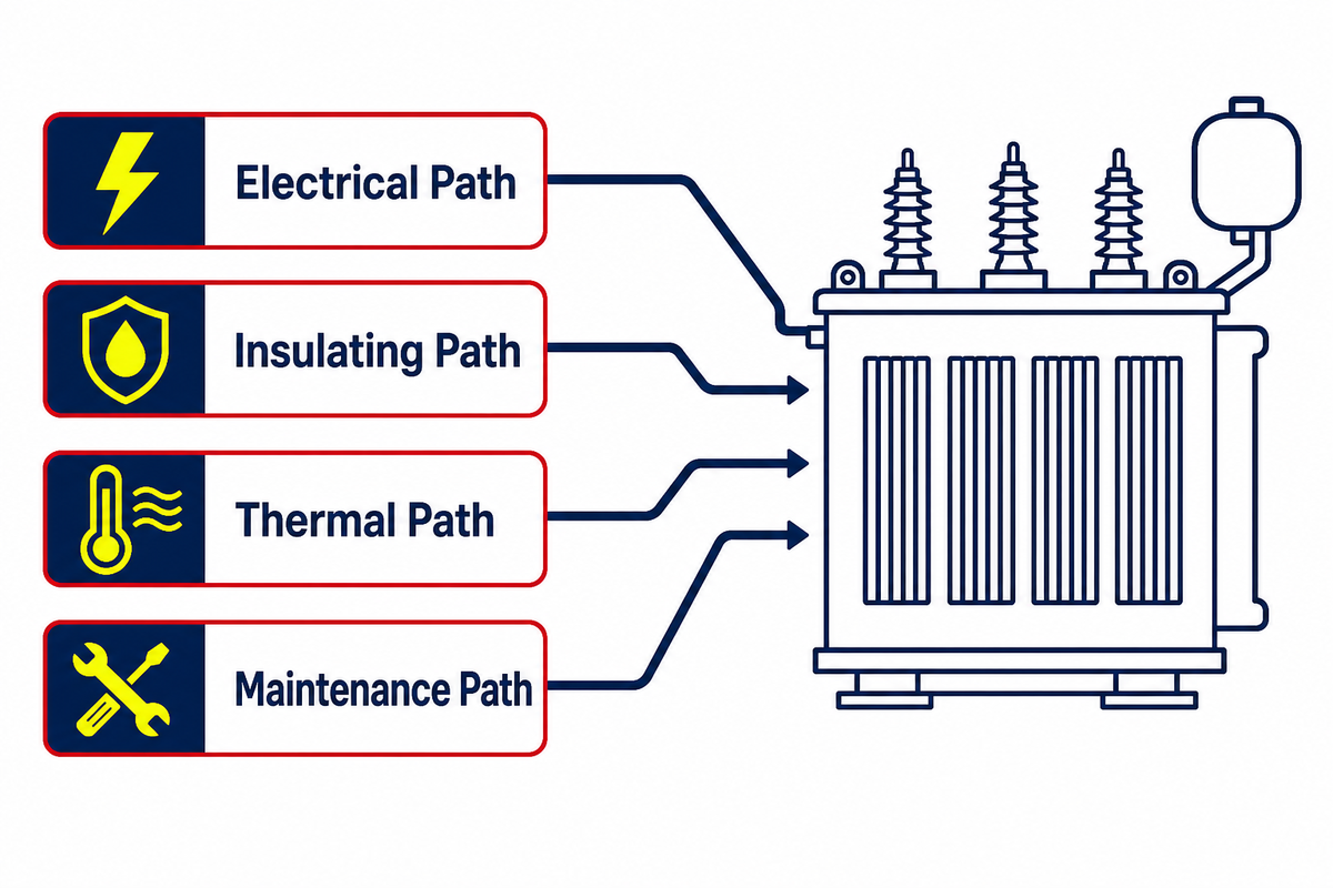 Four-path oil-immersed transformer reading map for electrical, insulating, thermal, and maintenance systems