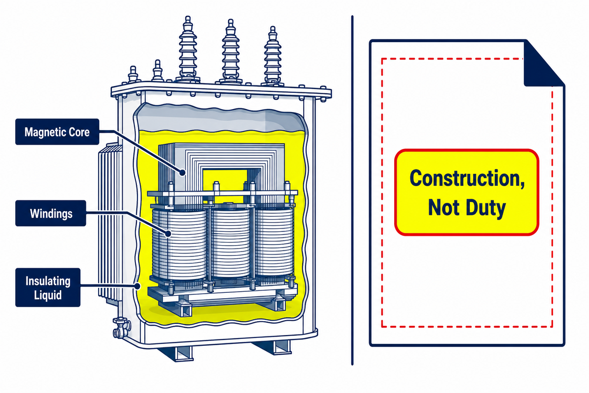 Oil-immersed transformer cutaway separating construction features from project duty requirements