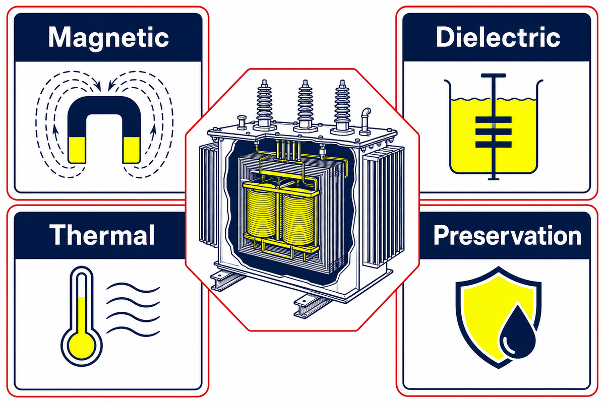 Oil-immersed transformer functional map covering magnetic, dielectric, thermal, and preservation paths