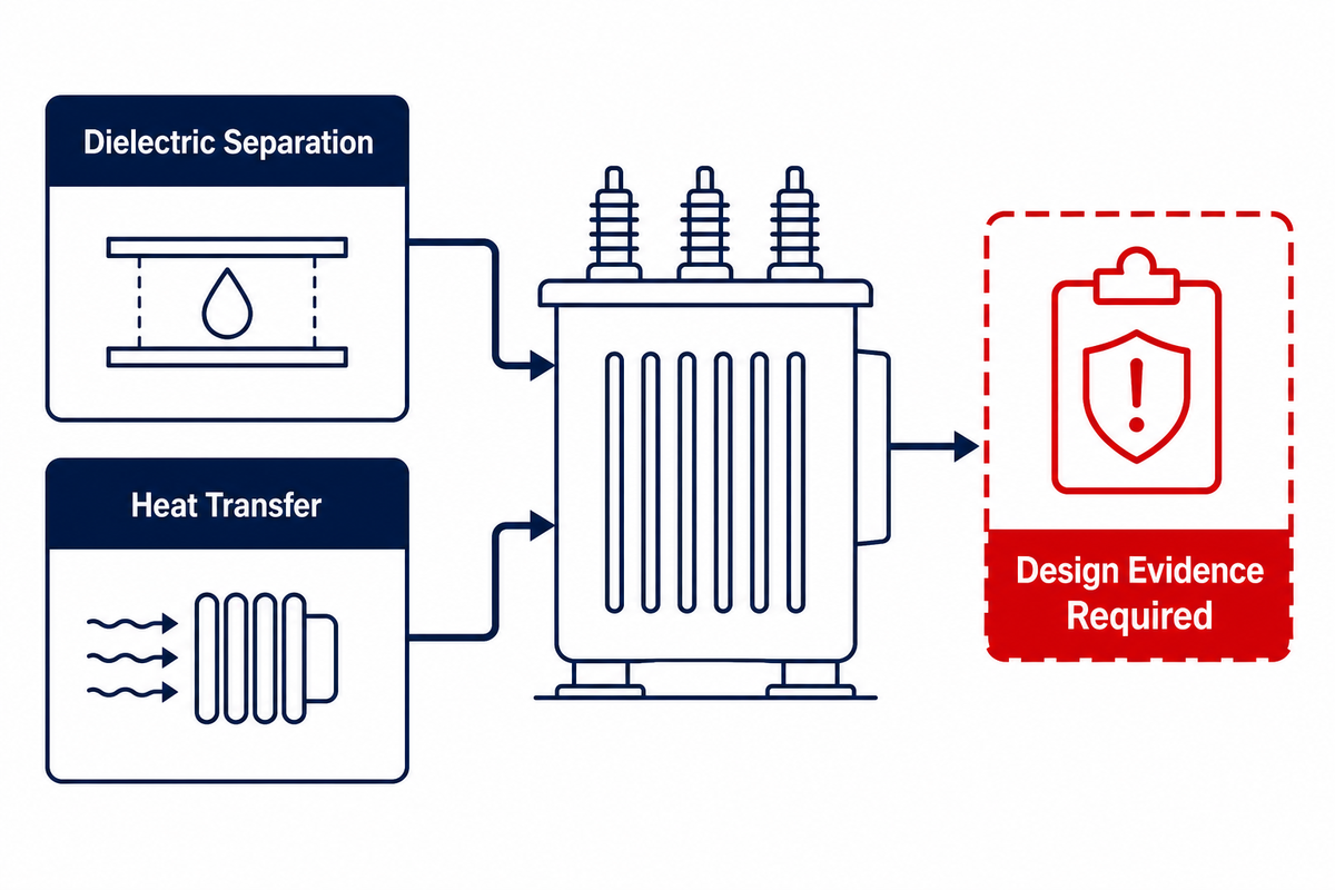 Transformer oil functions for dielectric separation and heat transfer with a design-evidence boundary
