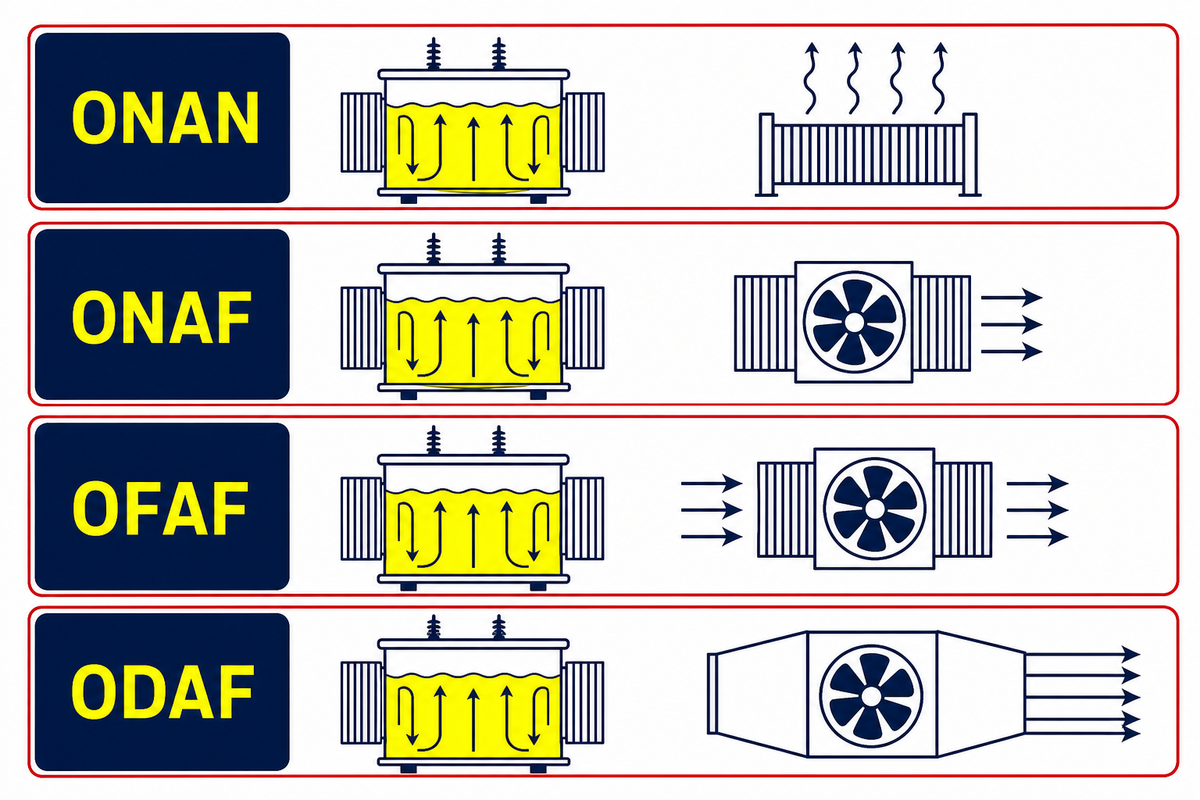Oil-immersed transformer cooling-code diagram comparing ONAN, ONAF, OFAF, and ODAF