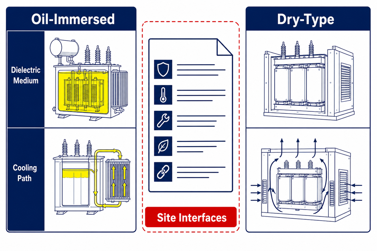 Physical comparison of oil-immersed and dry-type transformers by dielectric medium and cooling path