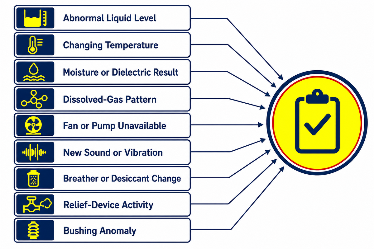 Oil-immersed transformer condition signals routed to qualified technical review