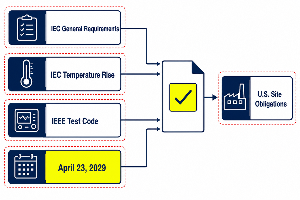 Transformer standards and regulatory scope ladder for IEC, IEEE, the 2029 rule date, and U.S. site duties