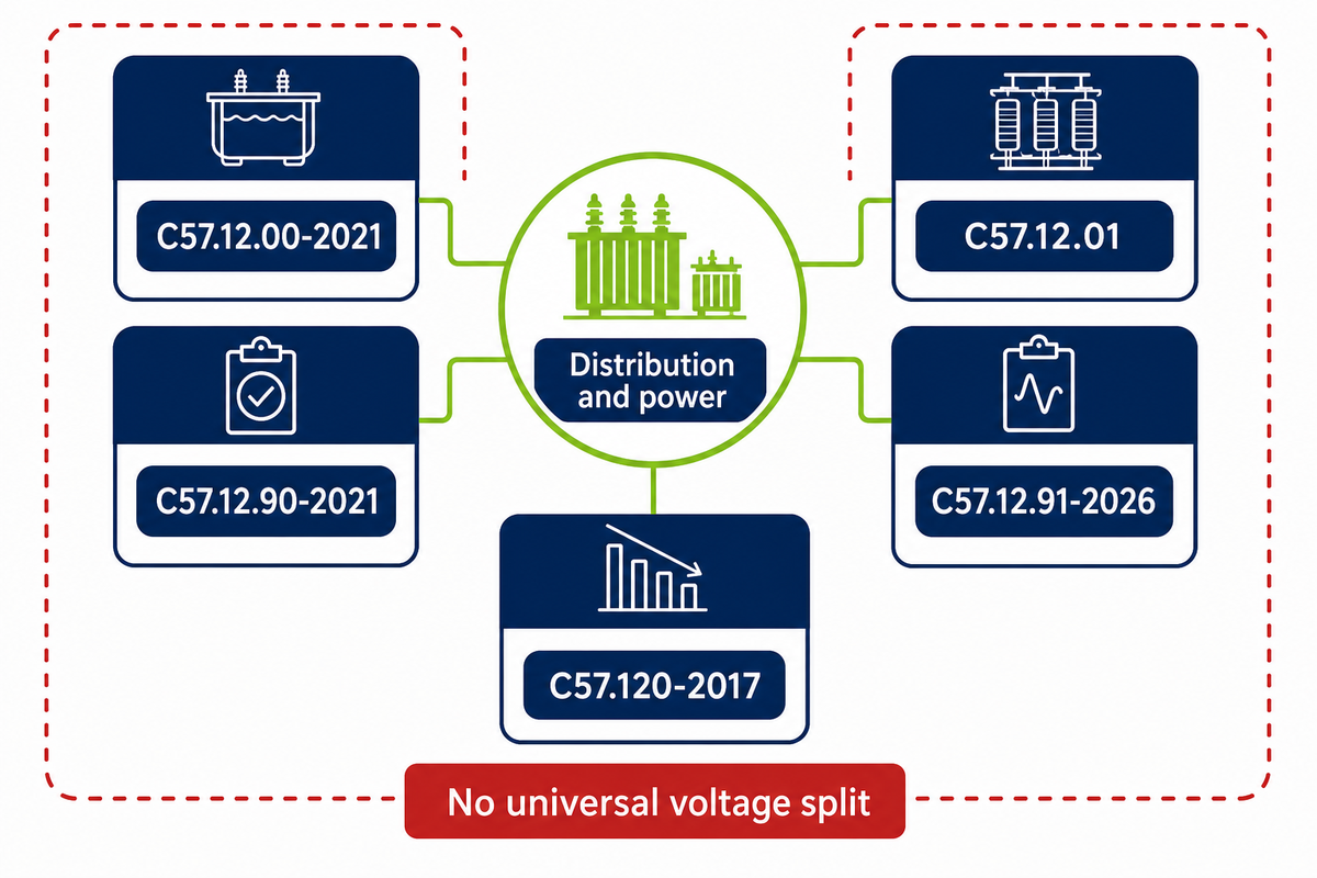 IEEE C57 documents cover distribution and power transformers without creating a universal voltage split