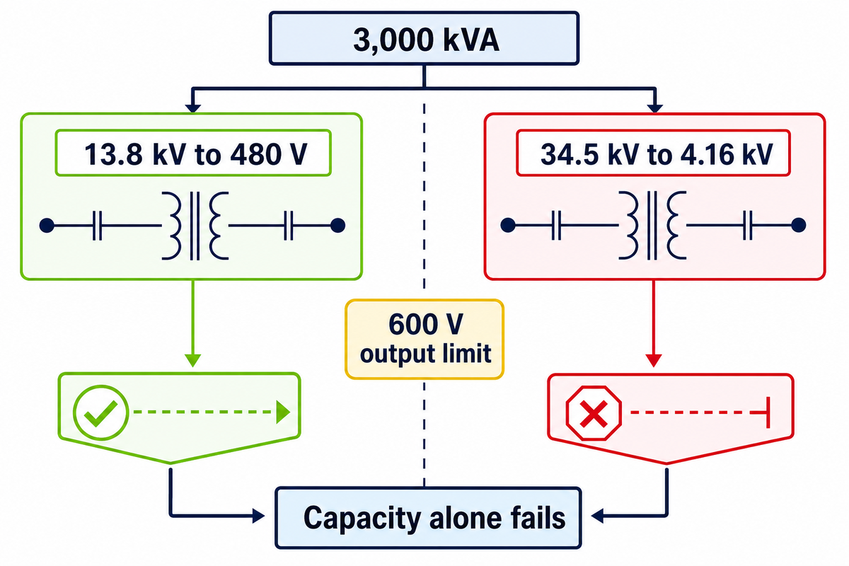 Two 3,000 kVA examples show why output voltage, not capacity alone, changes the federal classification