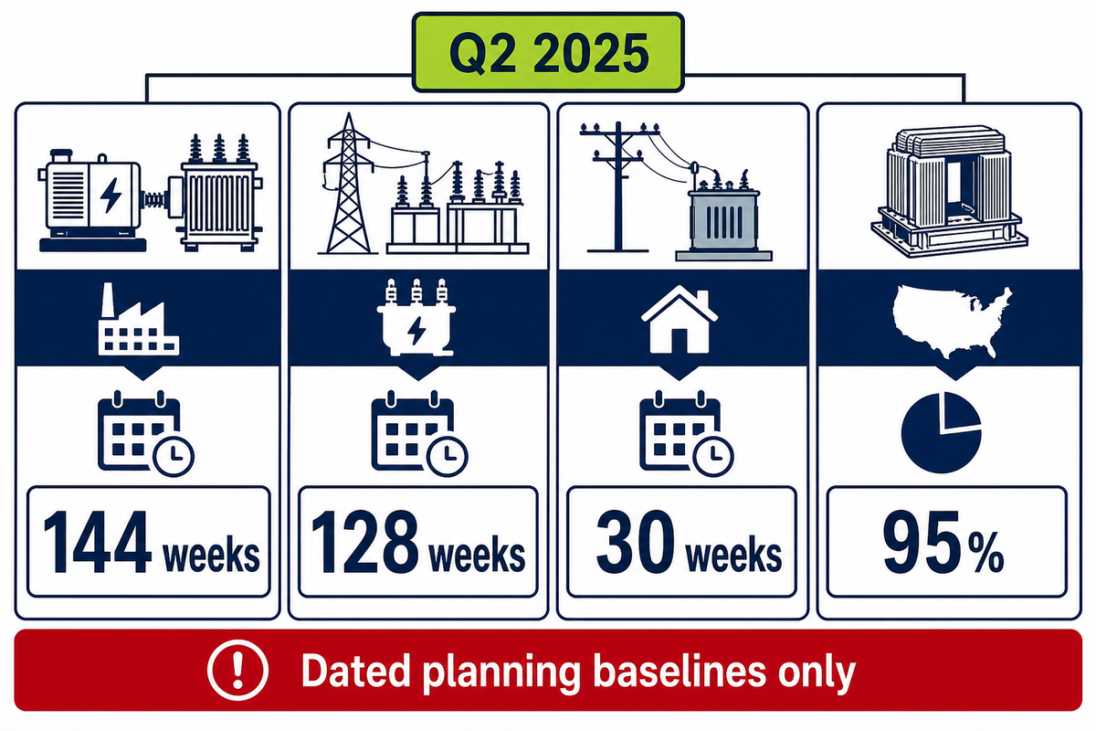 Q2 2025 data show separate generator, substation, and distribution transformer lead-time clocks