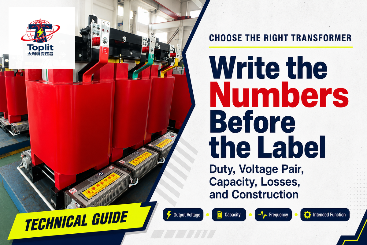 Choose the right transformer by stating duty, voltage pair, capacity, losses, and construction