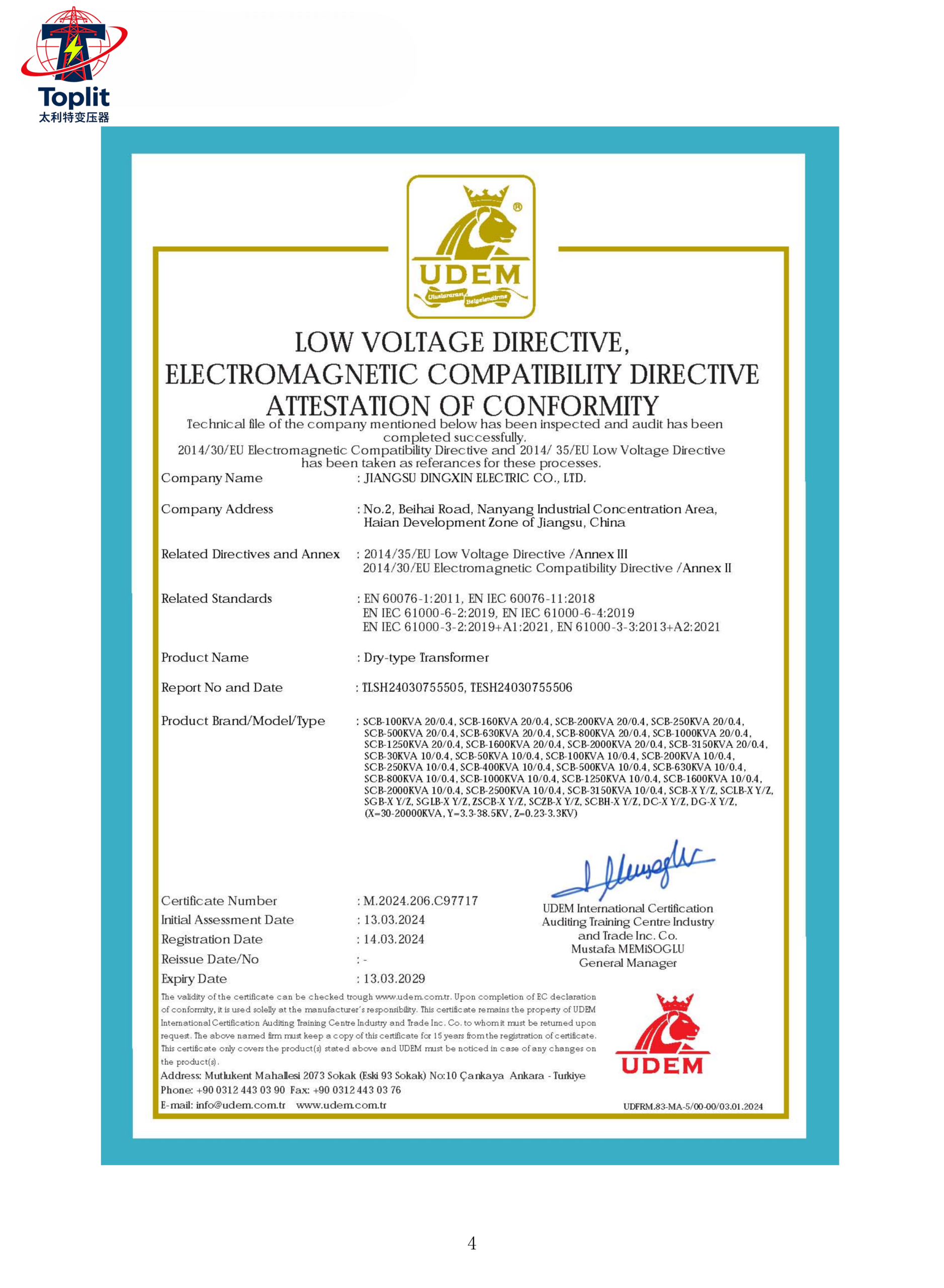 Talite Transformer Certificate 4