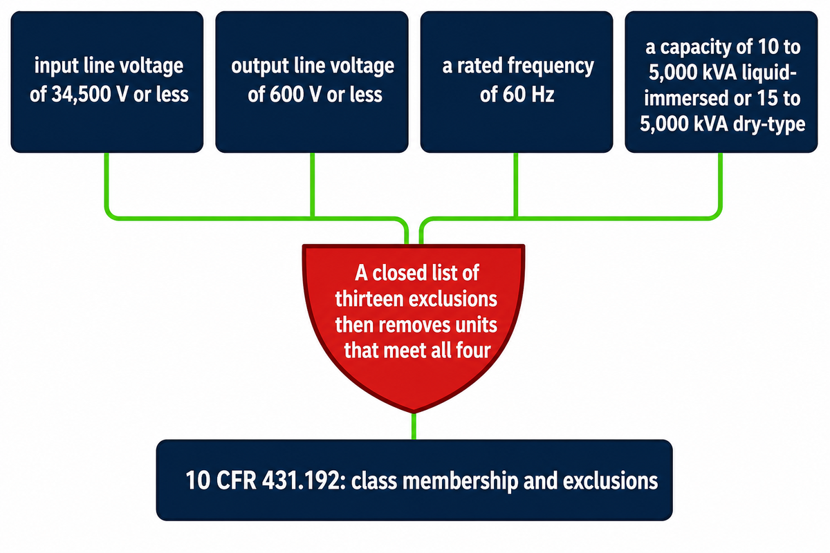 Four numeric conditions and a closed list of thirteen exclusions define the class (10 CFR 431.192)