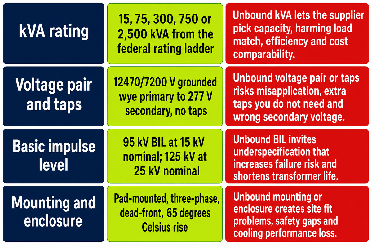 kVA, voltage pair with taps, insulation level and mounting format with bounded examples (IEEE C57.12)